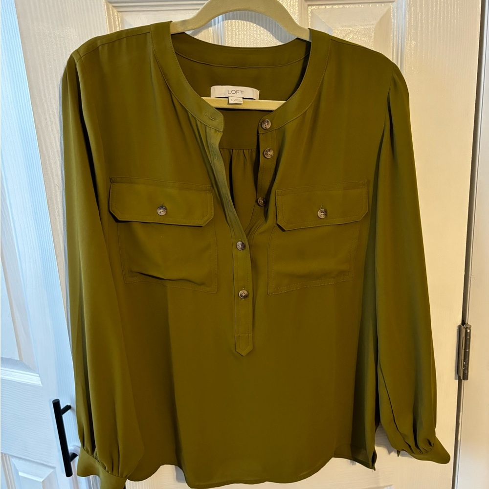 LOFT Henley Utility Blouse in Olive/mustard green